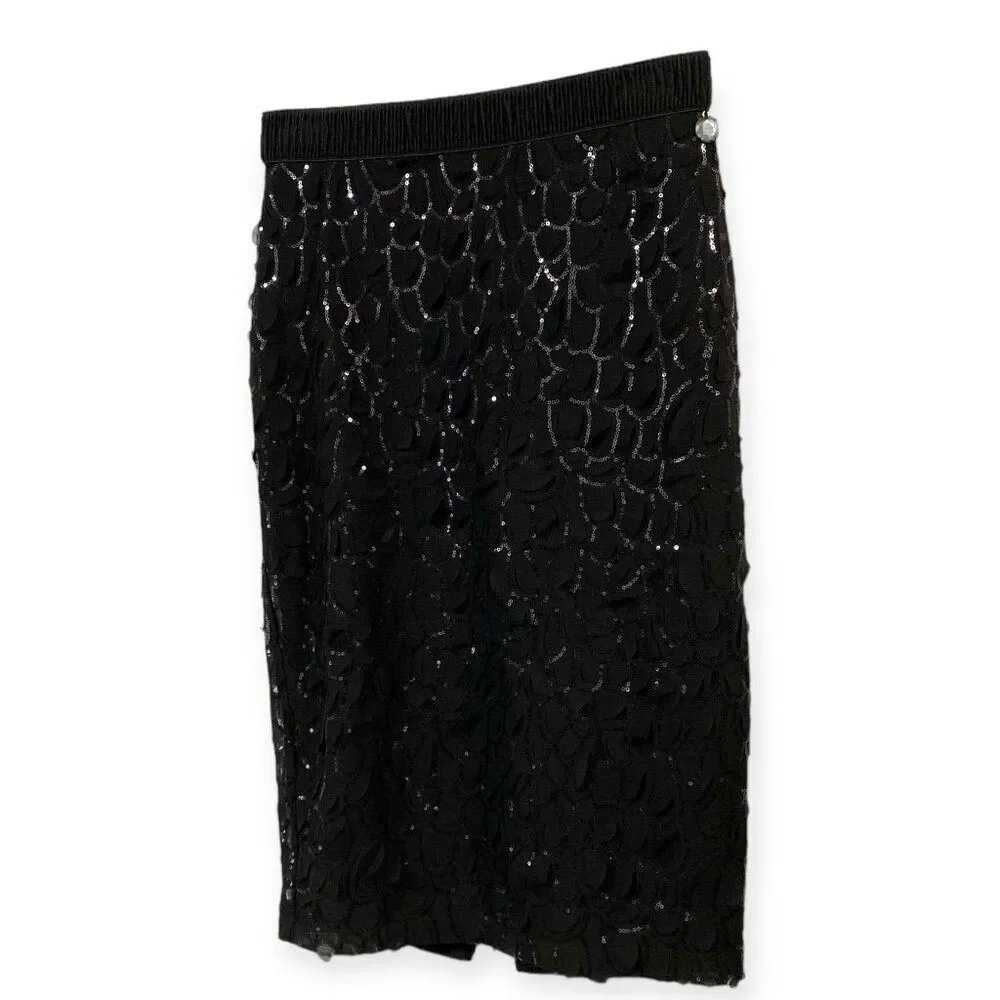 Black Sequins Scallop Detailed Formal Pencil Knee Length Skirt NEW